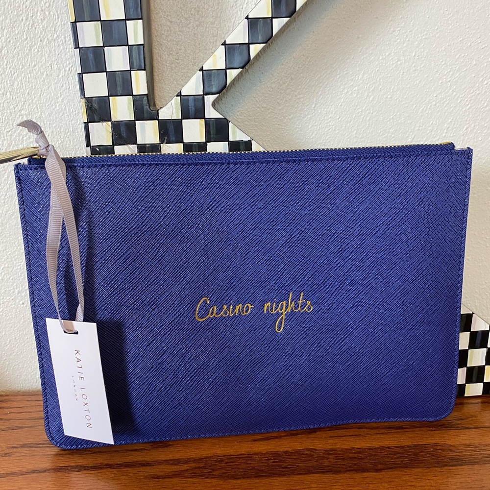 Katie Loxton Casino Nights Blue Pouch - gold “Casino nights” and zipper - NWT!💙
